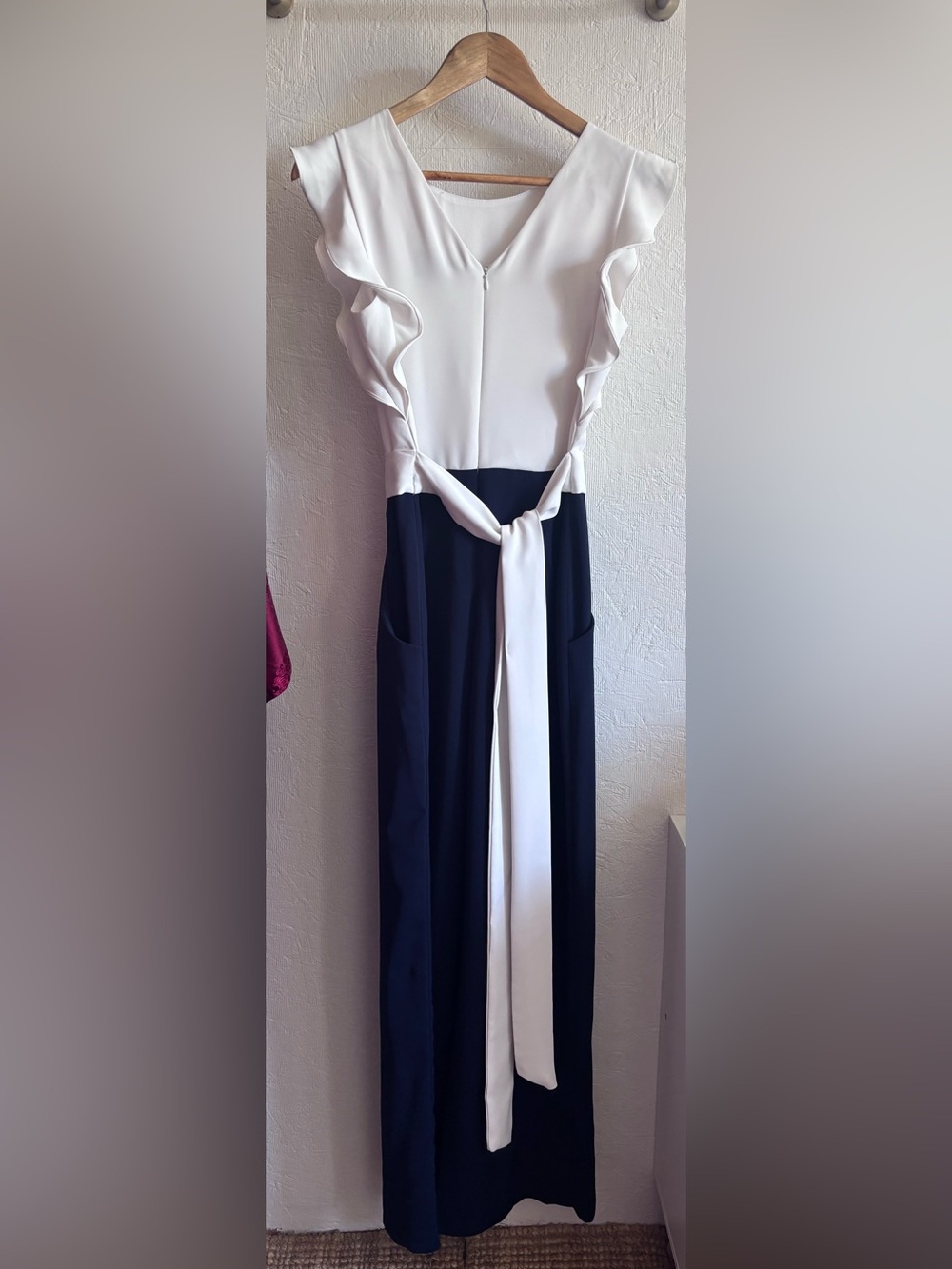 Phase Eight White Ruffle Navy Blue Belted Pocket Wide Leg Tailored Jumpsuit - Picture 9 of 16